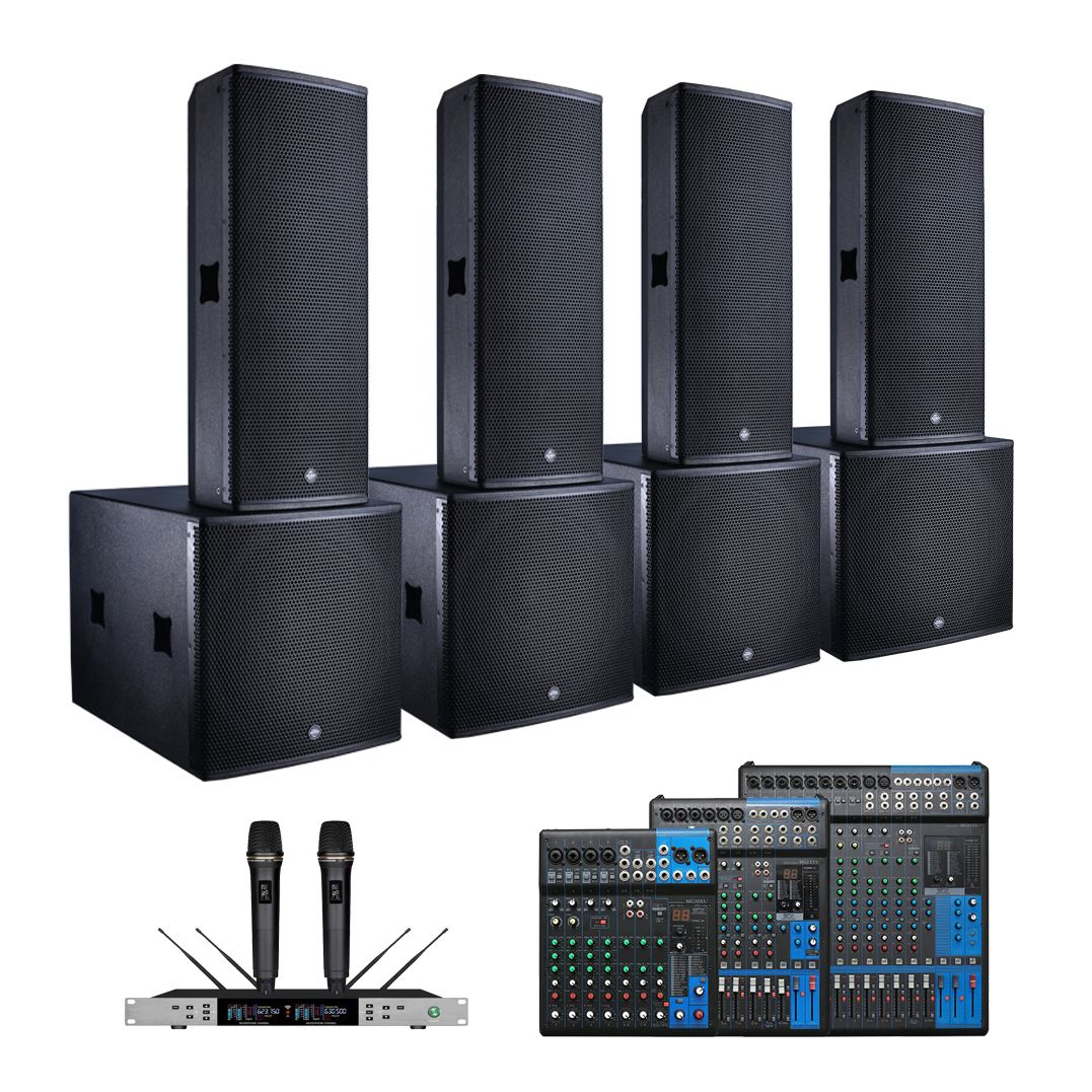 Full PA system with speakers, mixer, and amplifiers